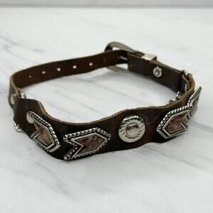 Brown Leather Western Concho Chain Dog Collar 13-17 Inch Silver Tone Hardware ✨